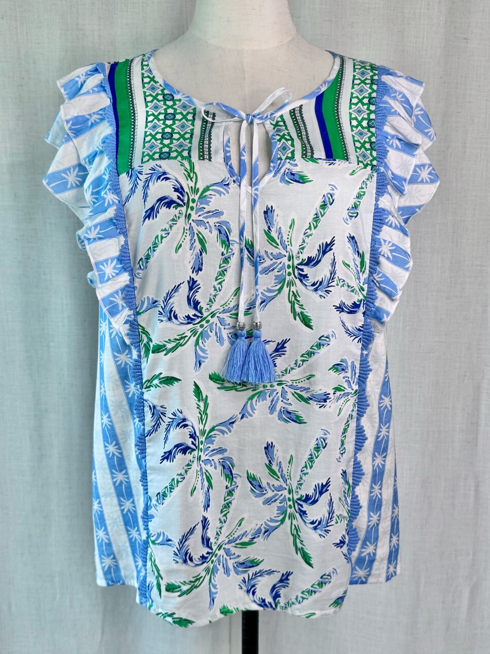 Tribal Jeans Tropical Poplin Blouse Flutter Sleeve Tassel Blue Green Large NWT